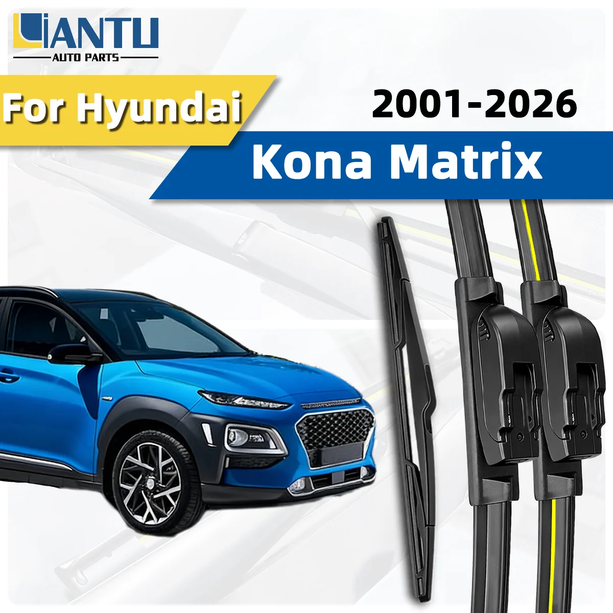 3-teiliges Scheibenwischer-Set für vorne und hinten, passend für Hyundai Kona Matrix 2001-2026, Windschutzscheibenwischer, geräuscharmer Wischer, Autozubehör 2025 2024 2023