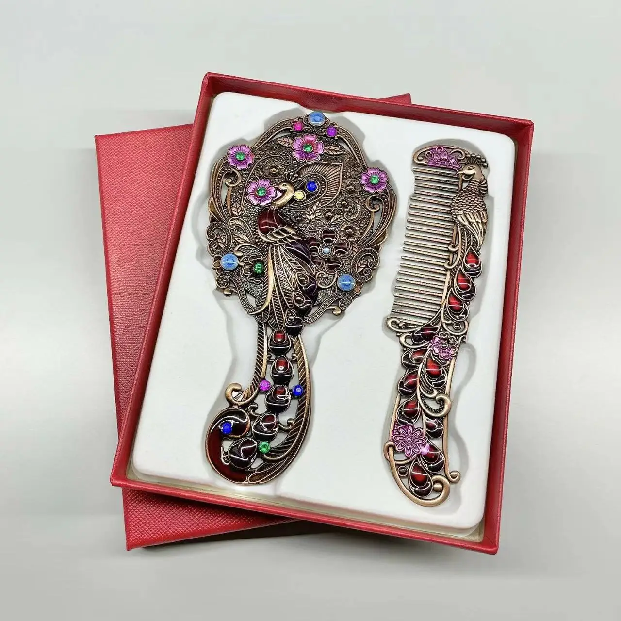 Mirror Comb 2-piece Gift Box, Retro Portable Handle Mirror, Personalized Compact Makeup Mirror, Peacock Comb, Home Decoration