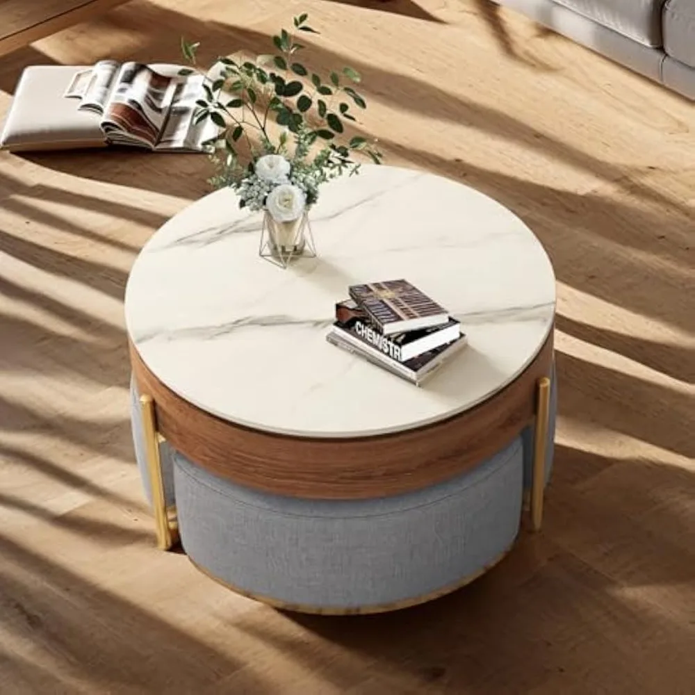 32'' Lift Top Coffee Table Set, Round Marble Coffee Table with Storage and Nesting Ottomans - Modern and Functional Living Room