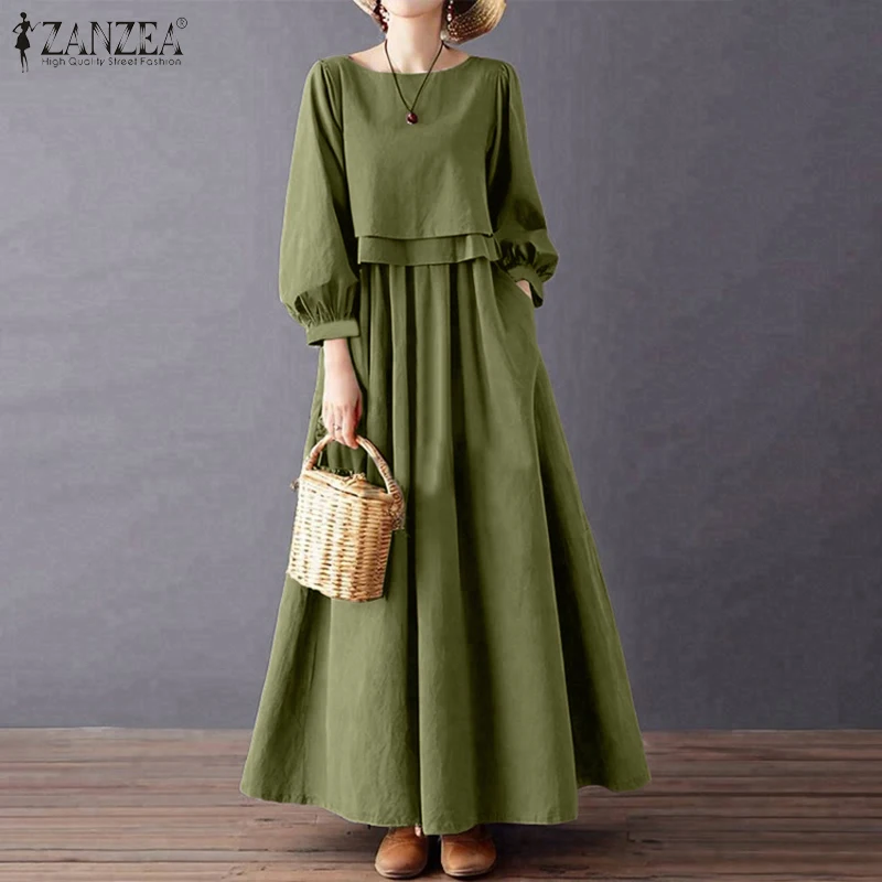 ZANZEA Vestidos maxi retro casuales para mujer, cuello barco, manga farol, color liso, vestido largo acampanado en capas, túnica holgada de primavera para mujer