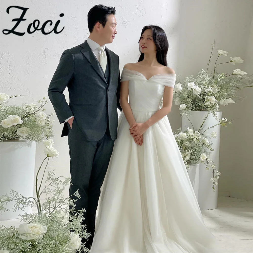 

Zoci Modern Sweetheart Korea Wedding Dresses A Line Off Shoulder Customized Draped Tulle Formal Wedding Party Gowns Photos Shoot