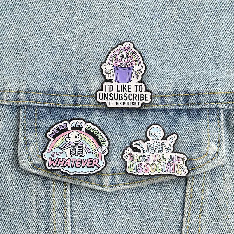 Gotisches Skelett Regenbogen-Text Emaille-Abzeichen Sarkastische Totenkopf-Anstecknadel Legierungs-Broschen Revers-Rucksack-Schmuck Geschenke für Punk-Accessoires – Detail 2