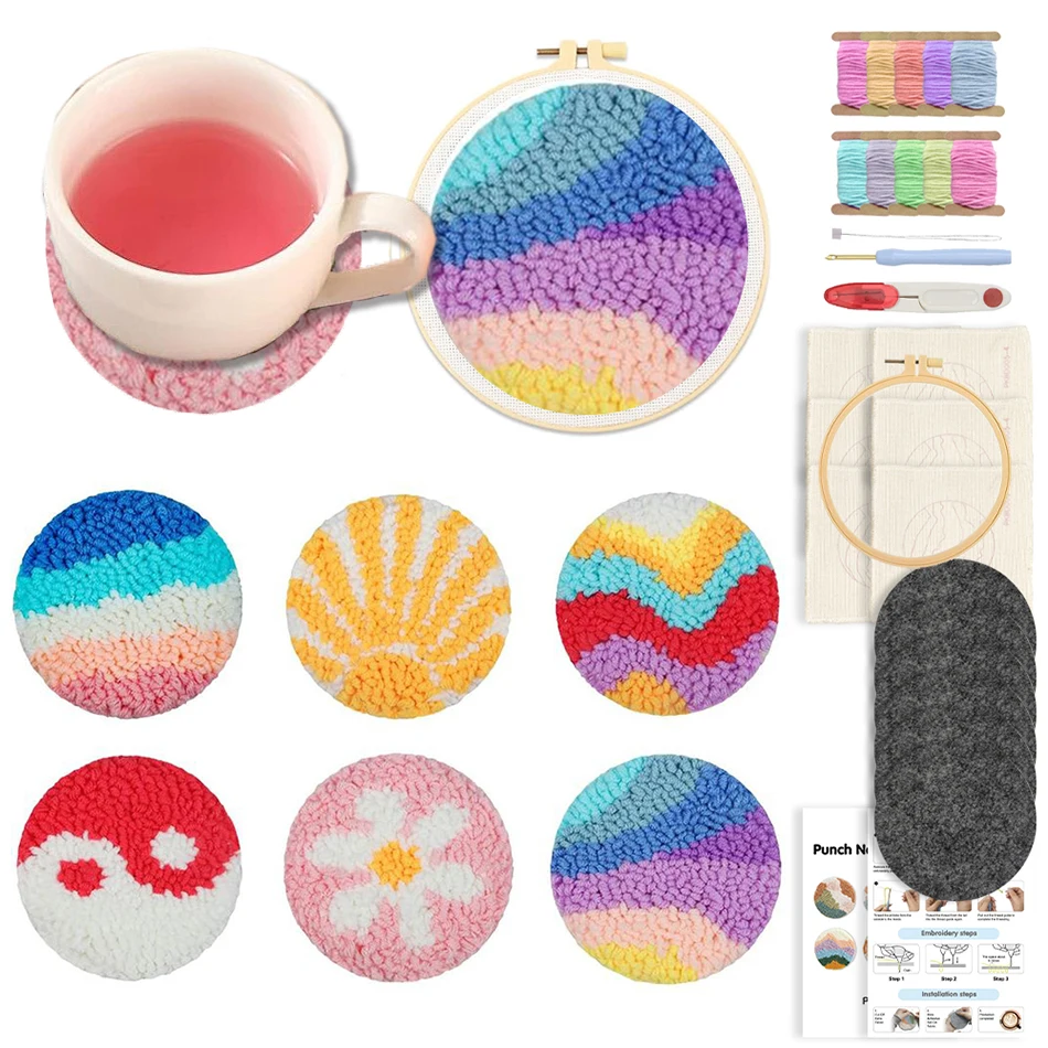 

SDOYUNO Punch Needle Coaster Kit DIY Easy Coaster Embroidery Set 6Pcs Scenery Art Coasters Tea Coffee Cup Pad Placemats Craft