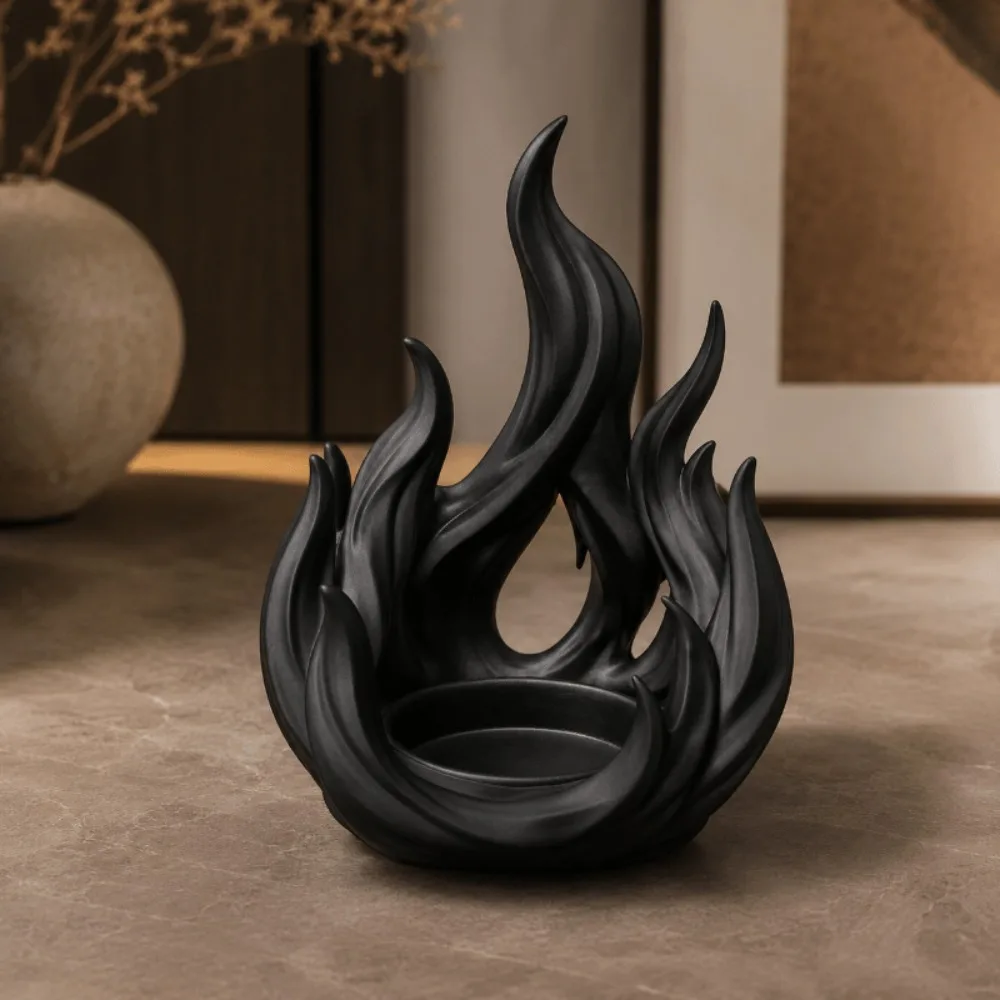 3D Printed Flame Shaped Candle Holder Gothic Dark Style Artificial Flame LED Tealight Tray Retro Plastic