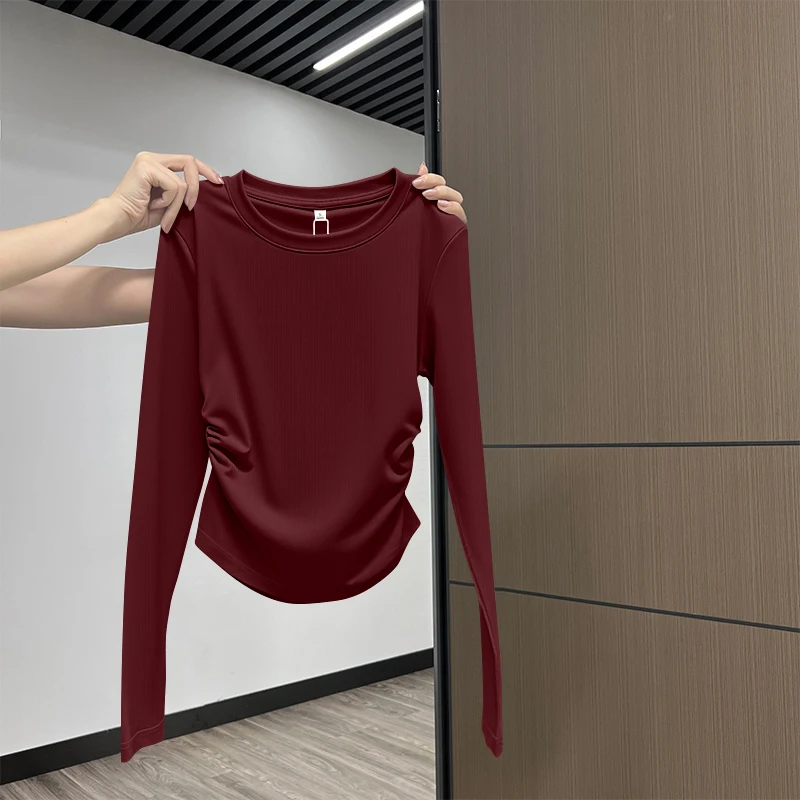 

Женская длинная футболка Sve с застежкой на талии, сложенная, нестандартная, модная одежда, весенне-осенний базовый топ, корейский топ для поездок на работу и ветер