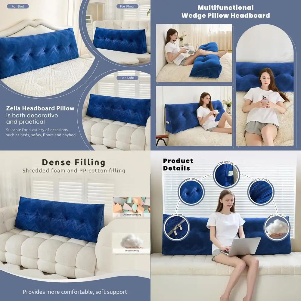 

Queen Size Navy Blue Triangular Bolster Pillow for Bed, Soft Support for Reading and Resting with Removable Cover