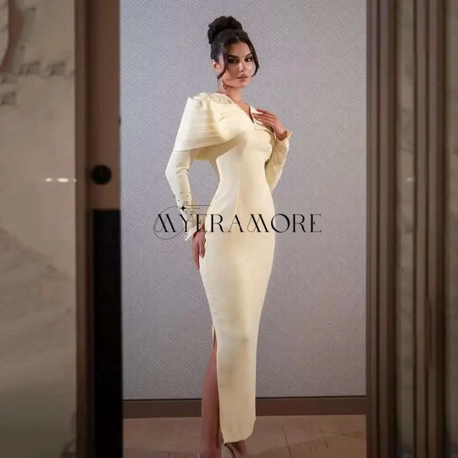 فساتين سهرة رائعة على شكل حرف v حورية البحر مطرز بأكمام طويلة بطول الكاحل مطوي فساتين لحضور الحفلات الموسيقية مخصصة Fساتين سهلات