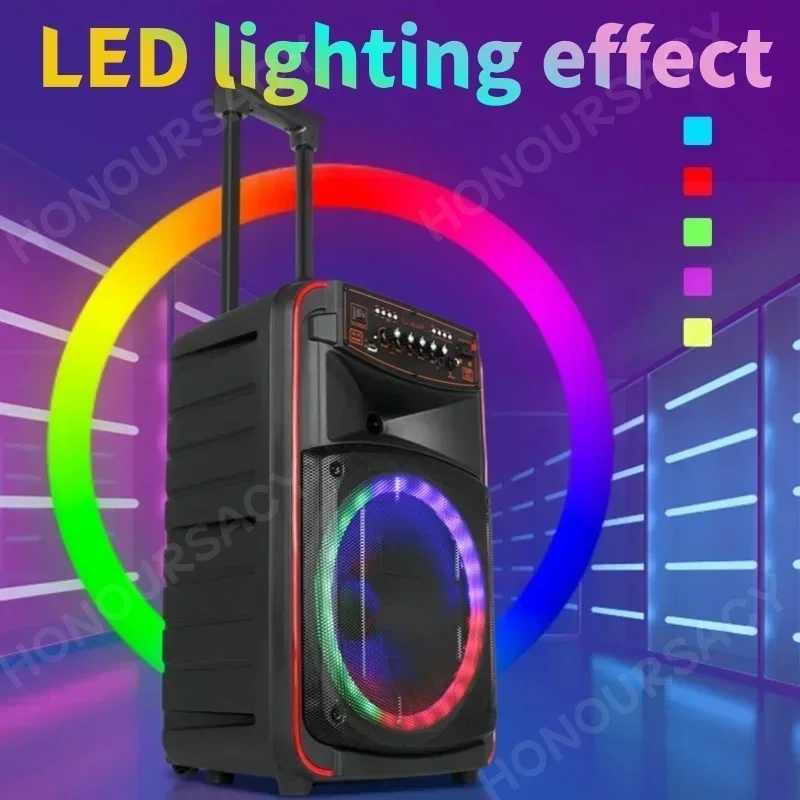 500W 12-inch Outdoor Party Trolley Bluetooth Speakers Box Super Power with LED Light Remote Control Two Karaoke Wireless Mic