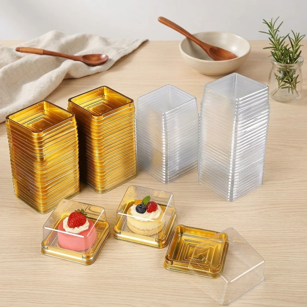 50Pcs Mini Cake Boxes Disposable Individual Packaging with Lids and 50 Stickers Clear Windows Food Grade Material for Parties