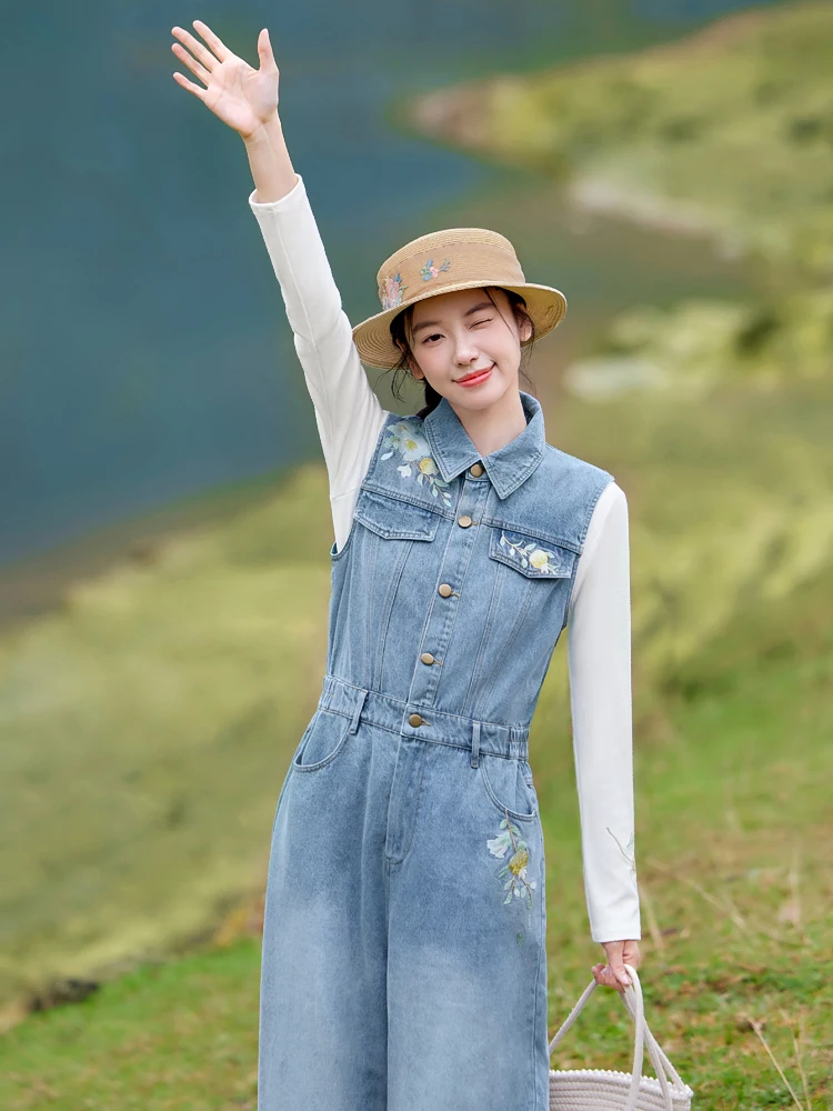 

Женские повседневные длинные брюки из денима с вышивкой Floral Wild Original National Sle, прямые, из хлопка, для весеннего сезона, для поездок на работу