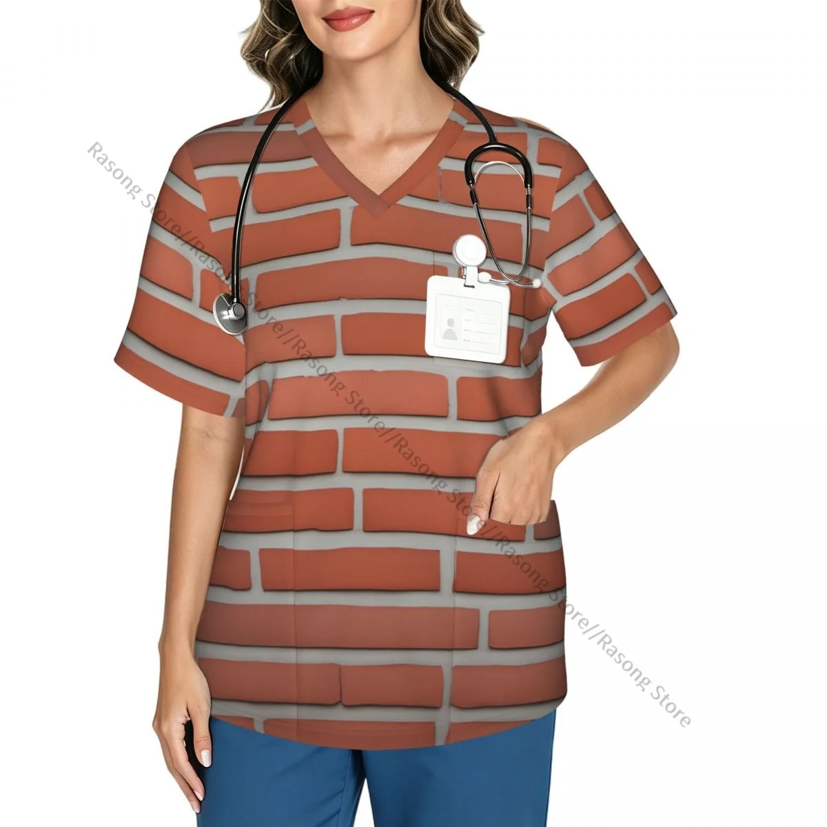Women's Medical Scrub Top V Neck Short Sleeve Brick Wall Stretch Nursing Uniform for Hospital Clinic