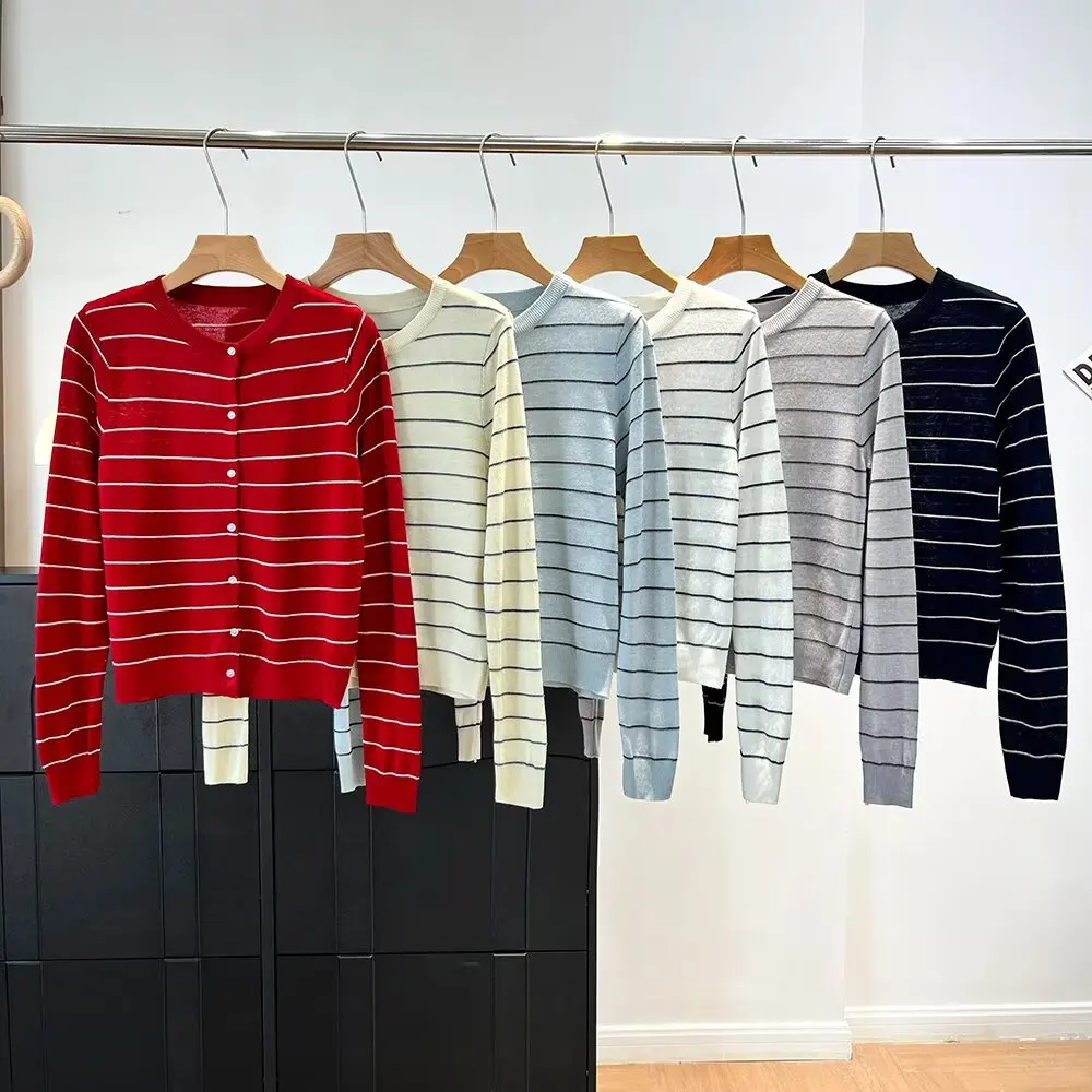 

Осенний новый женский облегающий длинный вязаный свитер с круглым вырезом, тонкий цветной полосатый открытый кардиган