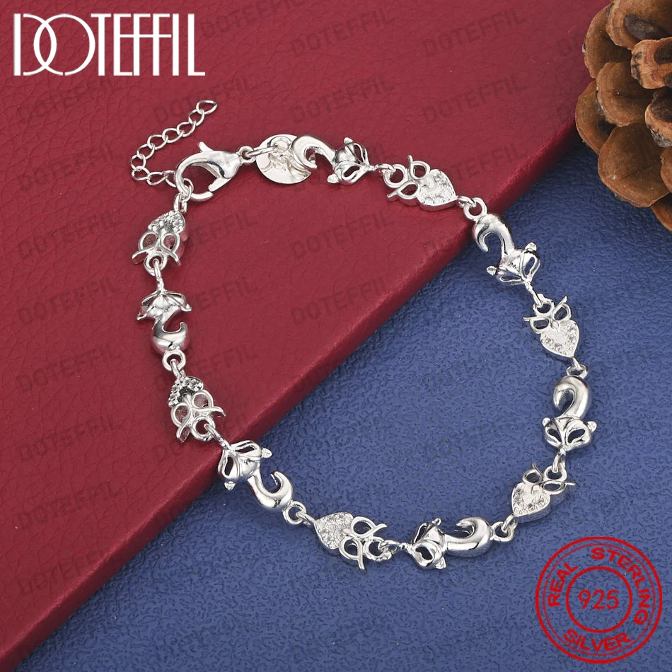 

Charming 925 Sterling Silver 8-inch Cute Kitten Heart Bracelet, Fashionable Women's Party Accessories