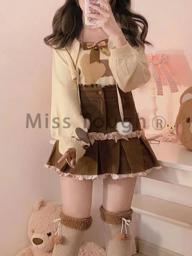 Brown Japanese Lolita Two-piece Tops Women Slim Sweet Kawaii Top Suit Female Autumn Bow Knit Vest + Long Sleeve Casual Cardigan