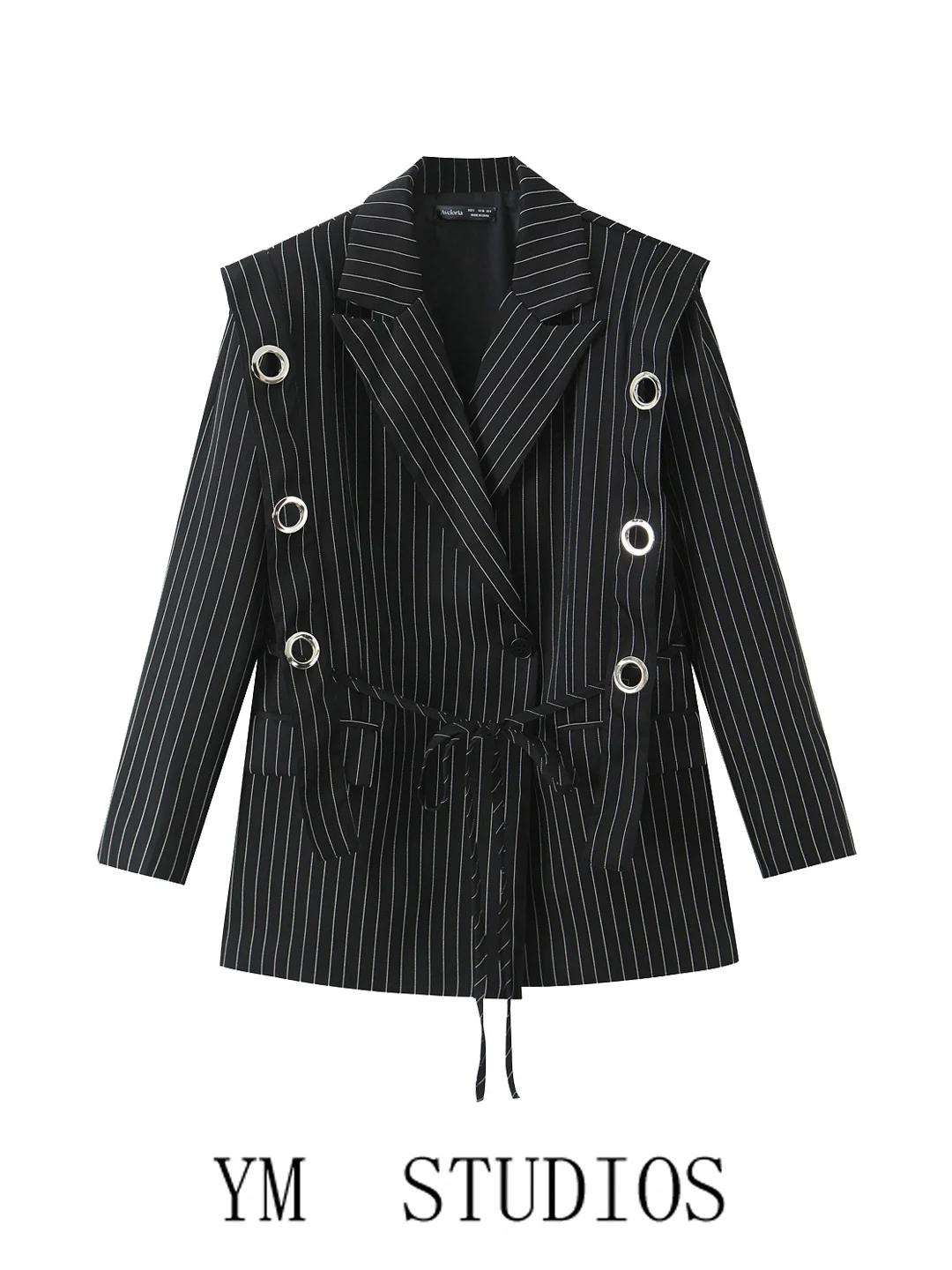 Women's Fashionable Striped Waist-Cinching Long Sleeve Suit Jacket for Office Wear Polyester Fiber Loose Fit Double Breasted