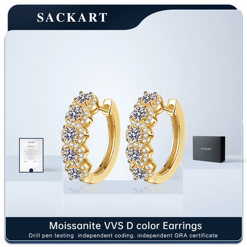 SACKART Luxury Jewelry Earrings 925 Sterling Silver Moissanite Original Women  Earring Vvs D Color Hoop Woman Accessories 18k