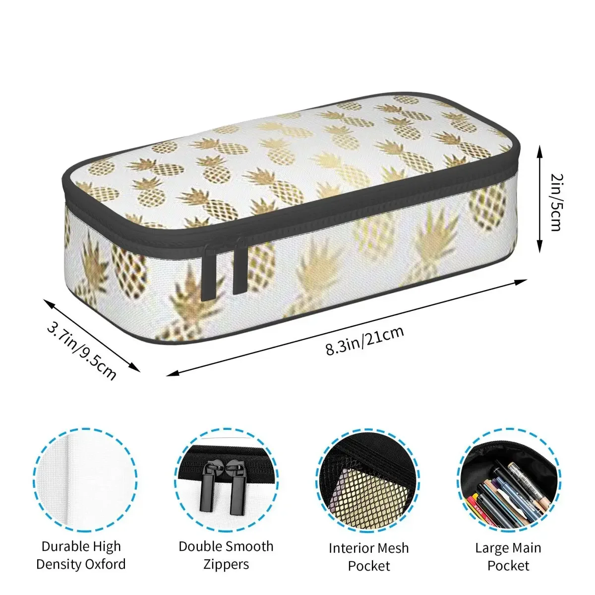 Gold Pineapple Pattern Pencil Case for Kids School Pen Box Pencil Bag Stationery Supplies Pen Holder Bag