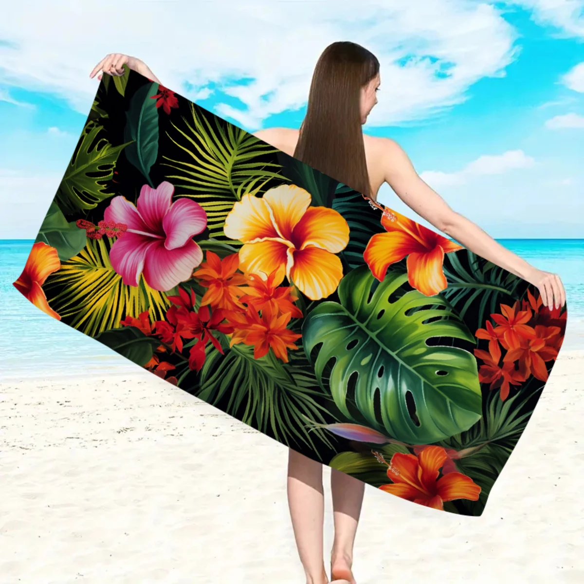 1pc tropical plant flower beach towel, quick drying absorbent swimming towel, suitable for sports, camping, yoga, swimming