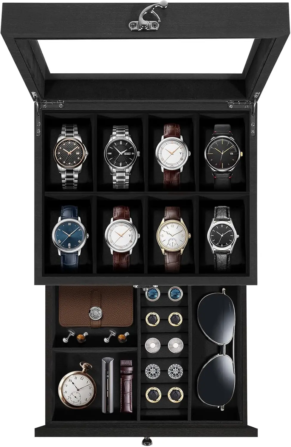 

Solid Wood Watch Box with Glass Lid for 8 Watches, 2-Layer Watch Display Case with Storage Drawer