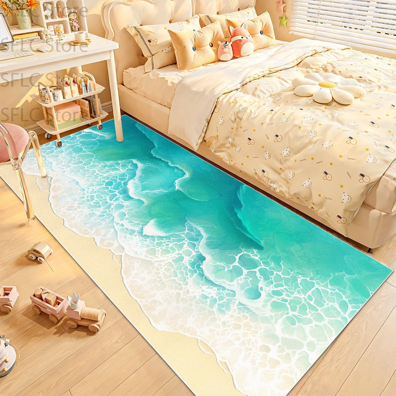Summer Ocean Blue White Bedside Runner Carpet Non-slip Washable Living Room Decoration Floor Mats Modern Style Kitchen Strip Rug