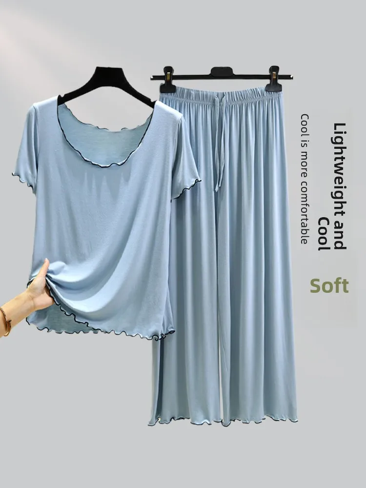 

Casual Style Women's Modal Sleepwear Set Short Sleeve Lace Trim Thin Summer Home Clothes Outdoor Wearable plus Size T-shirt