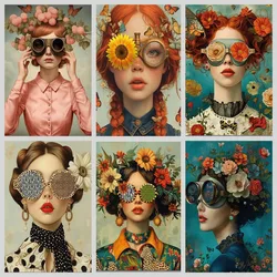 Fashion Glasses Woman with Flowers Canvas Painting Flowers with Girl Portrait Posters and Prints Nordic Boho Mural Picture Art