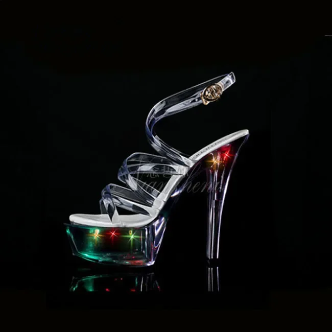 Womens Clear Transparent LED Lights Platform Open Toe Stilettos Super High Heel 15cm Shoes Cross-strap Sandals Crystal Pumps