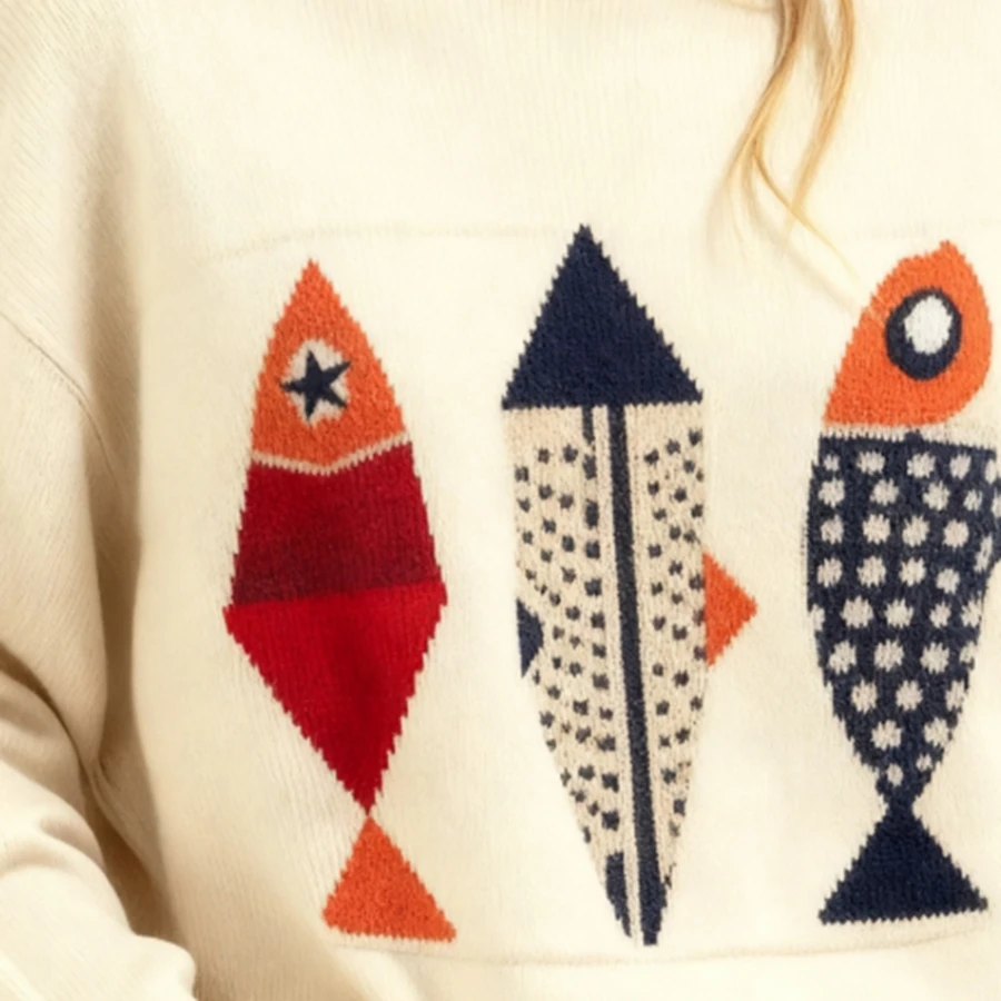 سترة نسائية فضفاضة خفيفة الوزن عصرية بطباعة سمكة تجريدية وأكمام طويلة ورقبة دائرية متماسكة #1