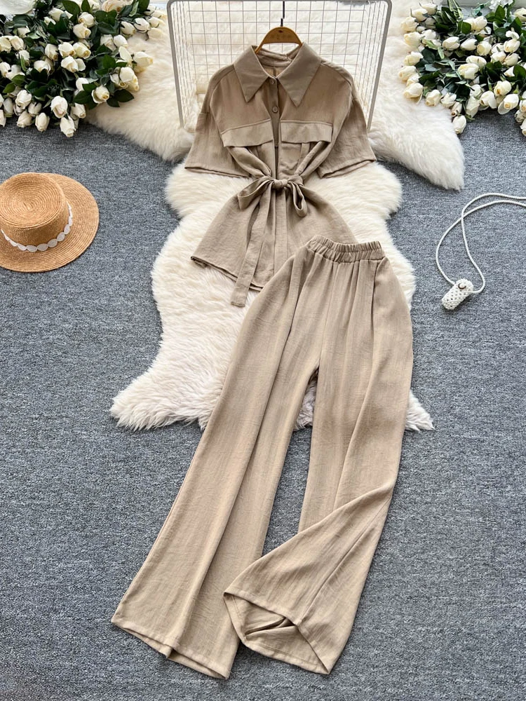 

Casual Collar Solid Single breasted Lace up Short Sleeve Shirt+Skinny Elastic High waist Pants 2-piece Set Women Summer Sets New
