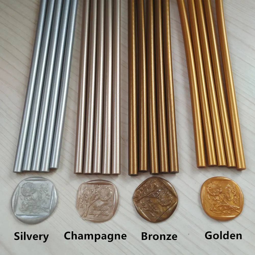 20 unids/lote barras de pegamento termofusible de color metal antiguo barras de silicona para pistola dorado/plateado/champán/bronce sello de cera