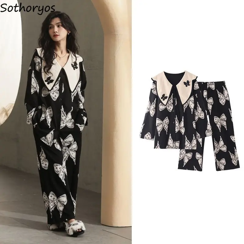 Pajama Sets Women Loose Elegant Butterfly-print Sleepwear Aesthetic Soft All-match Korean Style Casual All-match Pijama Mujer