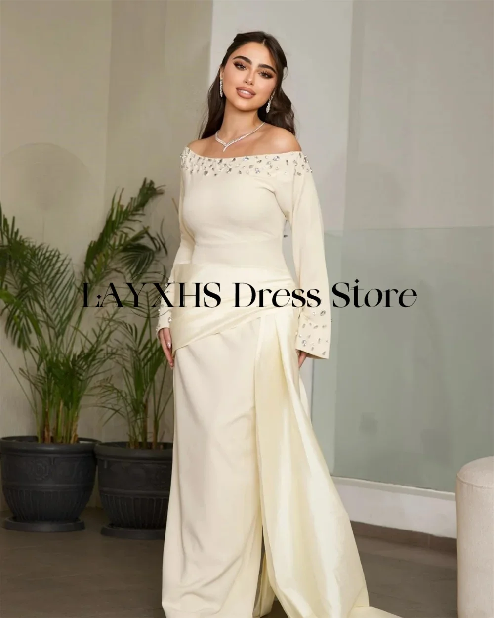 LAYXHS Elegant Uit de schouder Avondjurken Zeemeermin Kralen Lange Mouw Dames Galajurk Aangepaste robes de soirée
