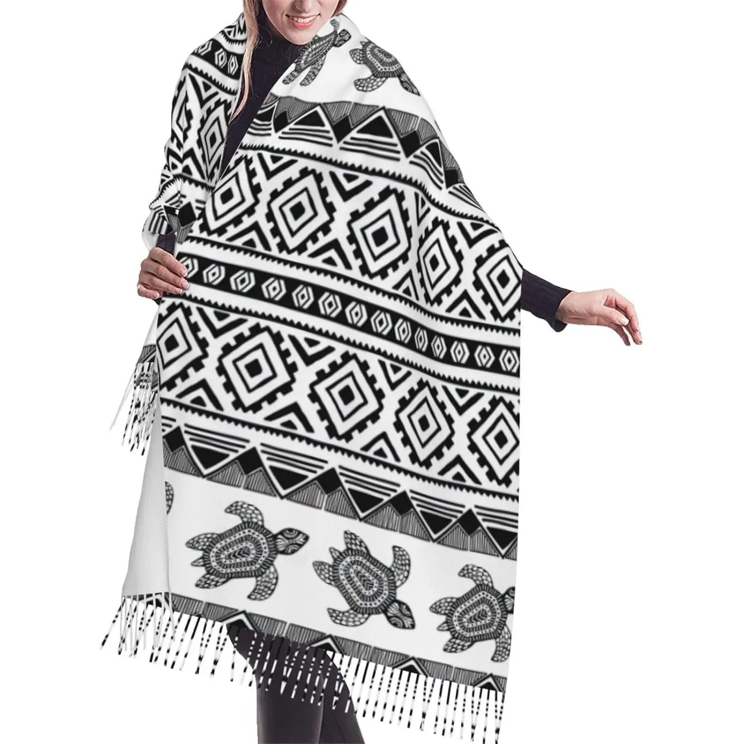 

Ethnic Turtle Striped Print Fringed Scarf Lightweight Women'S Fashion Scarf Soft Wrap Shawl Tassel Scarf Gift