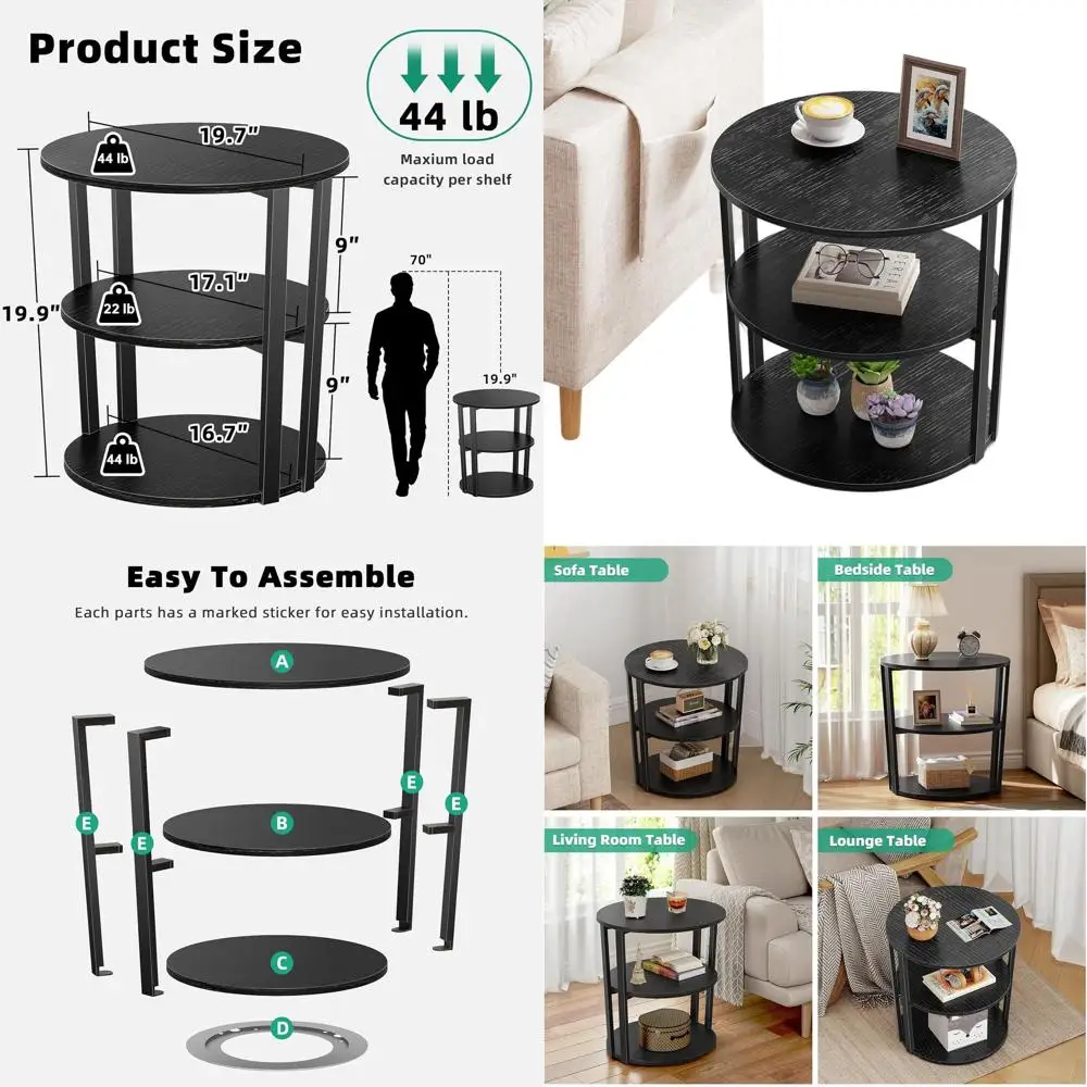 

Черный 3-ярусный столик-органайзер для гостиной и спальни, компактный, экономит пространство, с большой полкой