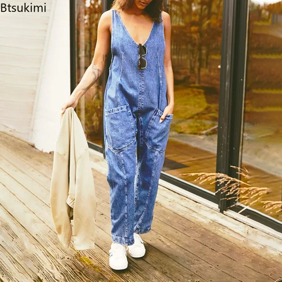 2025 Women\'s Fashion Casual Denim Jumpsuits Splice Double Pockets Deep V-neck Backless Suspenders Rompers One Piece Jeans Femme