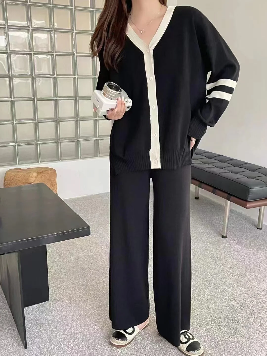 Korean Fashion Casual Knitted Two Piece Set Women V-neck Long Sleeve Loose Cardigan Sweater + Wide Leg Pants Sets Tracksuit