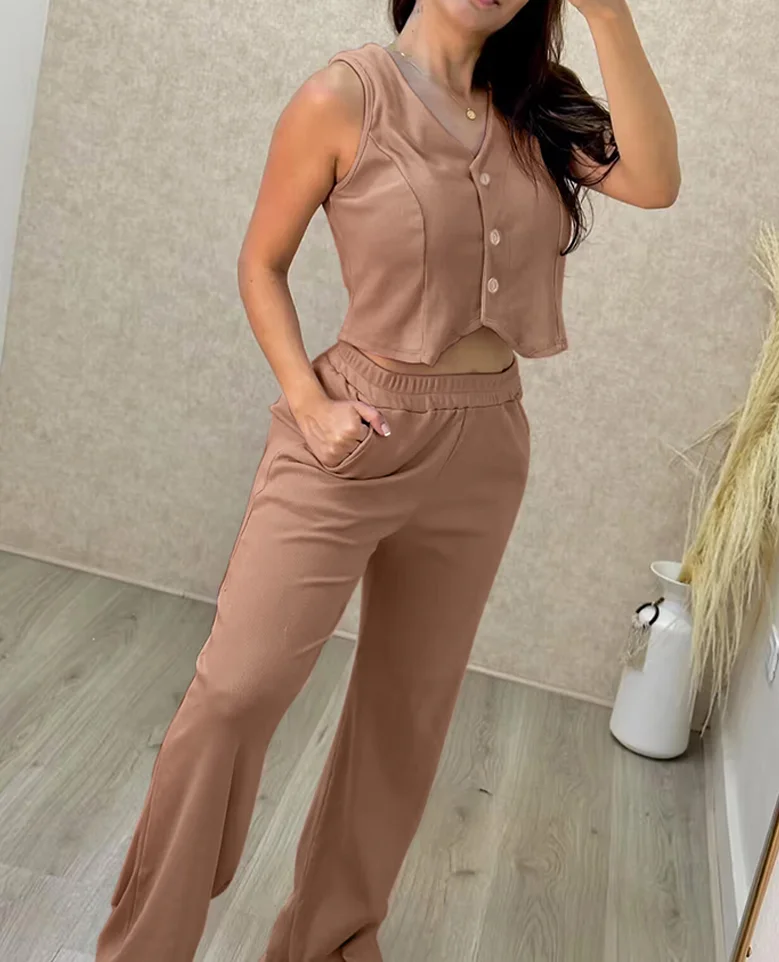 

Two Piece Set Women Outfit 2024 Summer Casual Ribbed V-Neck Sleeveless Vest Top & Fashion Temperament Straight Leg Pants Set