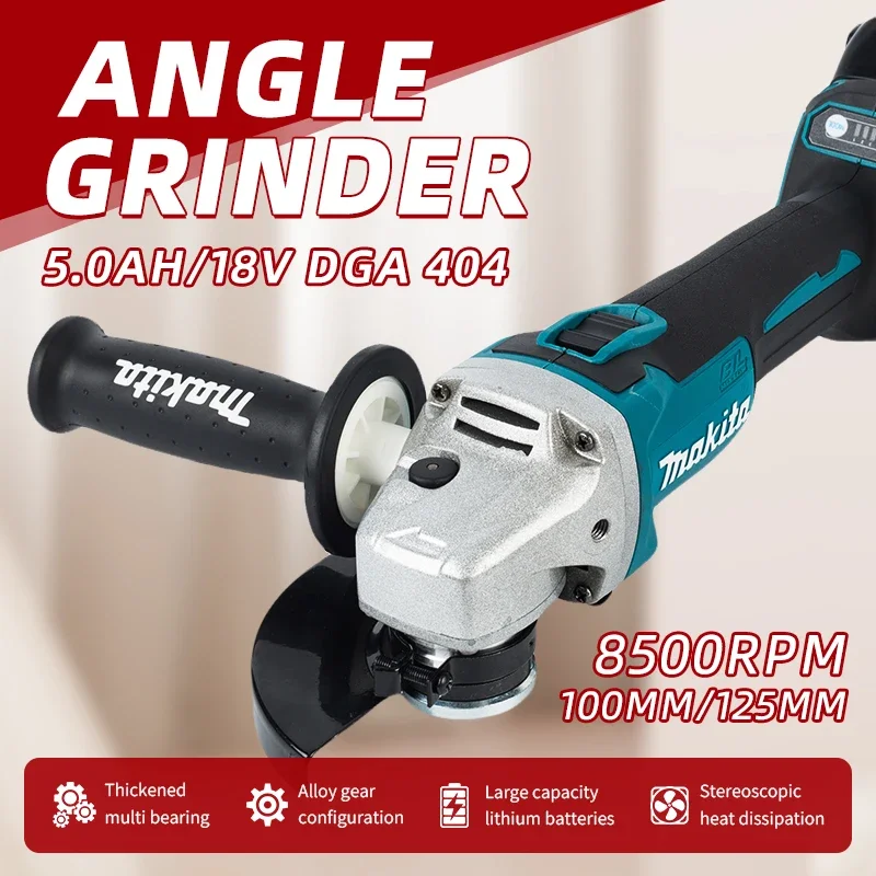 Makita DGA404 18V 125mm Cordless Angle Grinder, Brushless 8500RPM, ADT/AFT Safety Tech,Slide Switch,for Metal Cutting