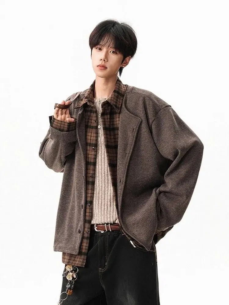 

Classic Plaid Patchwork Collar Jaet Men's Spring Autumn Lazy Couple Cardigan Open Cardigan Youth Trend Polyester Fiber