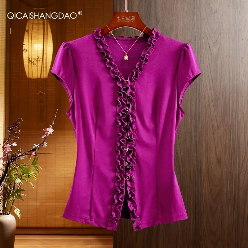 

French Style Elegant Skinny Women Stretchy Knitted Top Short Sleeve V-neck Button-down Shirt Fashion Ruffled Casual Blouses
