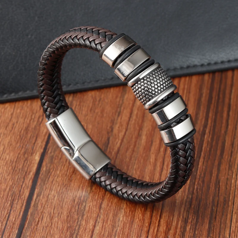 Brand Fashion Handmade Men\'s Leather Bracelet Trendy Classic Charm Braided Wrap Stainless Steel Bracelets Punk Bangles