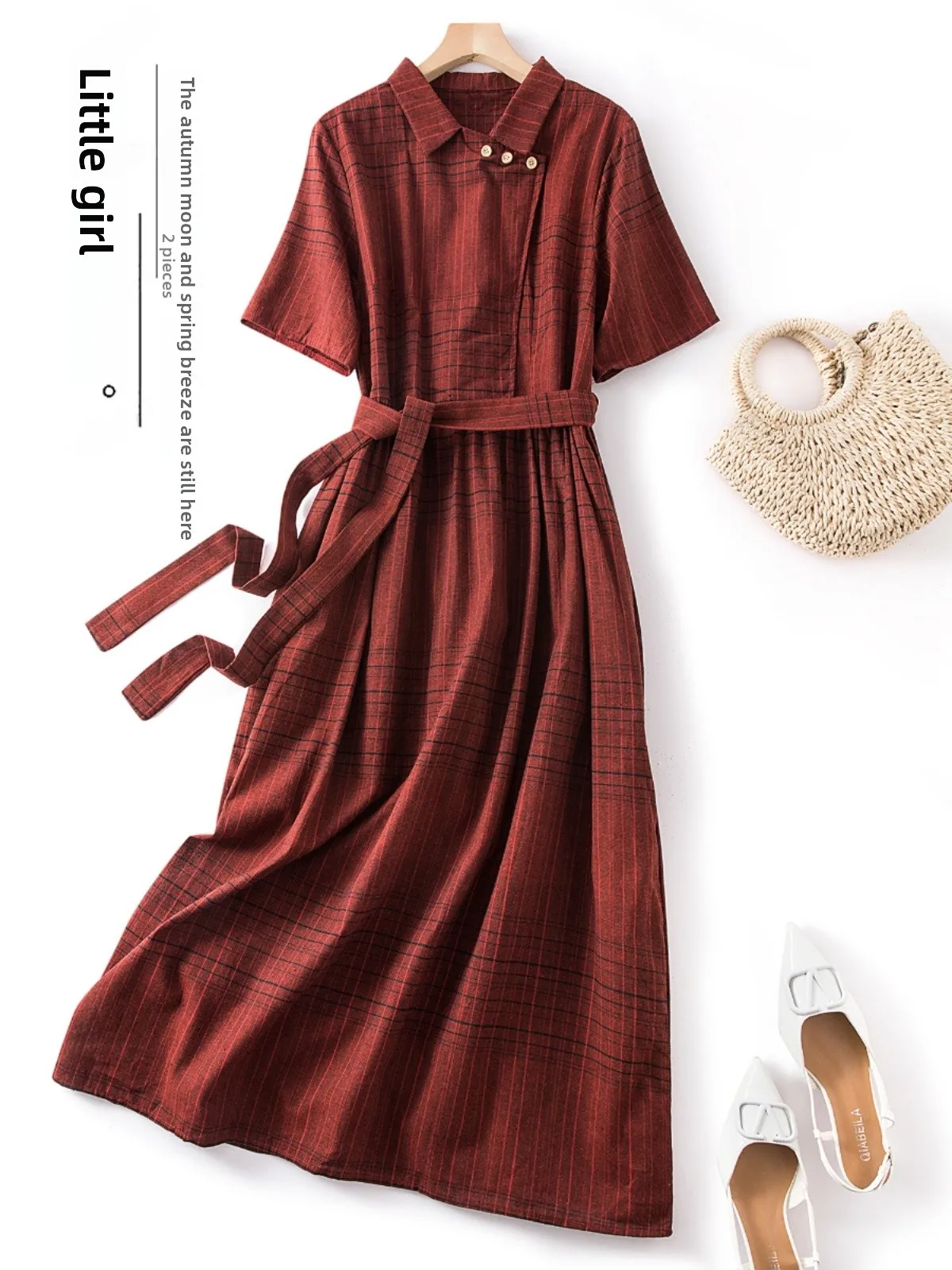 레트로 일본 브랜드 코튼 린넨 오트 스웨트 드레스 허리 조임 A라인 드레스 스트라이프 패턴 출퇴근용 슬레 하이웨이스트