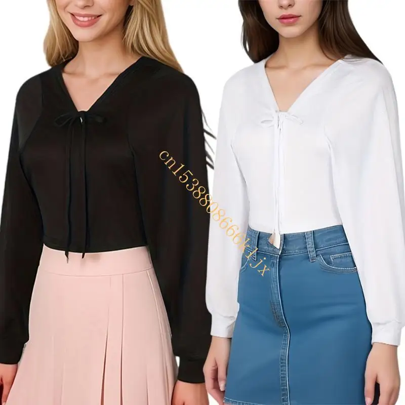 

Women's Cardigans Lightweight Long Sleeve Cardigan V Neck Tie Front Cropped Tops 066C