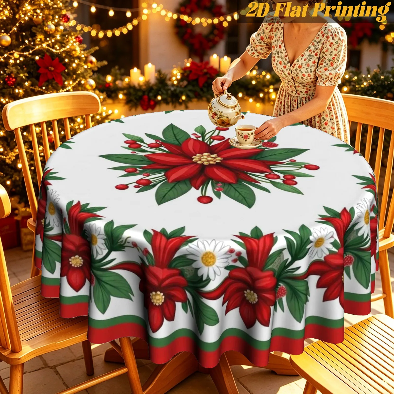 1 piece of red flower poinsettia holiday pattern round tablecloth | Home table decoration, party table arrangement