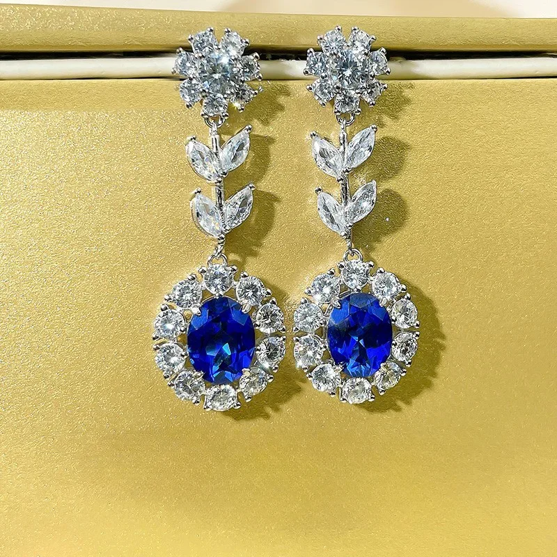 

Sparkling Royal Sapphire Earrings, Noble 925 Pure Silver Imported High Carbon Diamond Luxury Earrings, Style Hot Selling