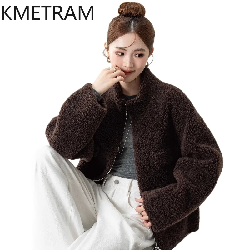 KMETRAM Pelzmantel aus 100 % natürlicher Wolle für Damen, kurz, täglich, Stehkragen, Freizeitmantel – 2025, Herbst, neuer Stil, Beij