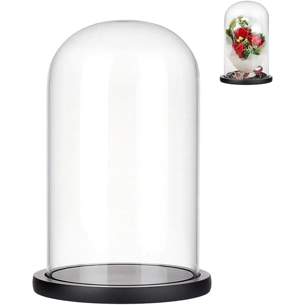 Clear Bell Jar Display Case with Black Wood Base for Collectibles Rose Office Home Tabletop Centerpiece Decor 5.91×10.04 Inch