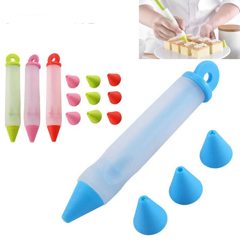 Silicone Food Writing Pen Decorating Pen with 4 Patterns of Icing Piping Pen Tips Cookie Cream Pastry Decorating Pens for Baking