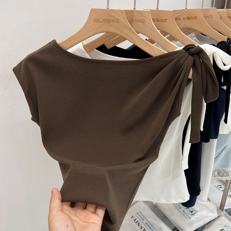 2026 Summer New White Short Sleeve Women's T Shirt Sexy Bow Detail Casual Versatile Tops for Women Korean Style Solid Tee