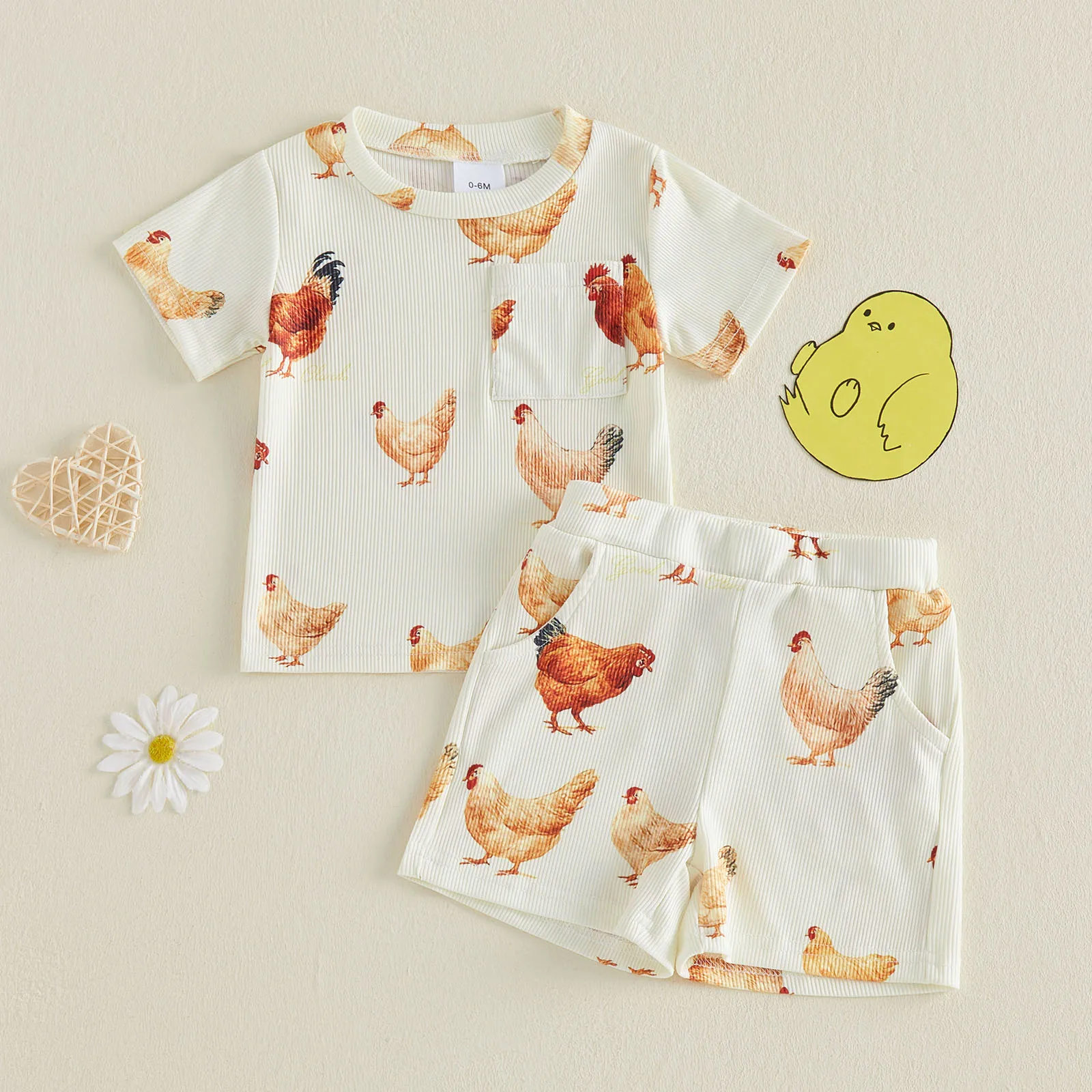 Summer Toddler Baby Boys Outfits Farm Chick Print Short Sleeves T-Shirt Elastic Shorts Set Clothes
